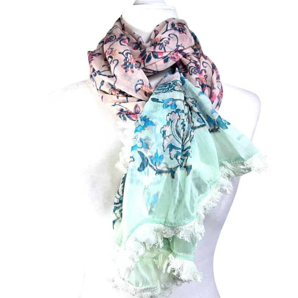 BCBGeneration Blue Pink Floral Tassel Long Wrap Scarf